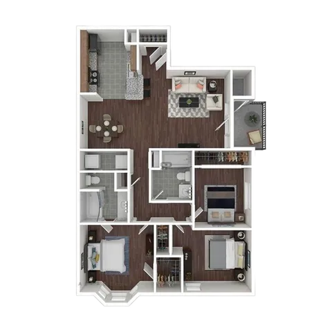 Elegant 3D floor plan showcasing 3 bedrooms, stylish kitchen, cozy living room, and modern bathrooms.