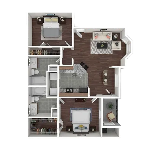 Contemporary 2D floor plan showcasing 2 bedrooms, open living room, modern kitchen, and dual bathrooms with stylish wood flooring.