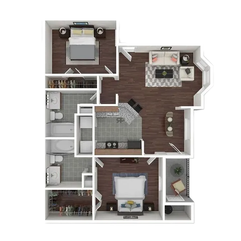 Elegant 3D floor plan with two cozy bedrooms, two modern bathrooms, a spacious living room, and a sleek kitchen area.