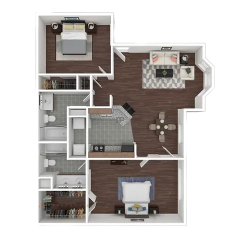 Modern 2D floor plan showcasing 2 bedrooms, an inviting open-concept living area, sleek kitchen, and elegant dining space.
