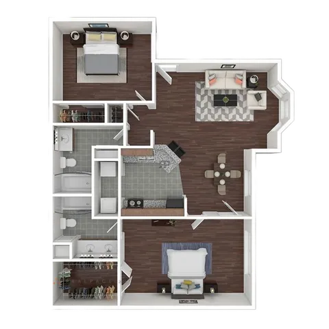 Modern 2D floor plan with two bedrooms, an open living room, stylish kitchen, and two bathrooms, ideal for comfortable urban living.