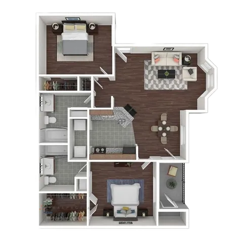Elegant 2D floor plan featuring 2 bedrooms, a spacious living room with bay window, modern kitchen, and 2 sleek bathrooms.