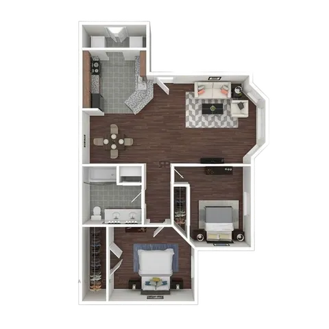 Elegant floor plan showcasing 1 bedroom, open living and dining area, modern kitchen, and a spacious bathroom.