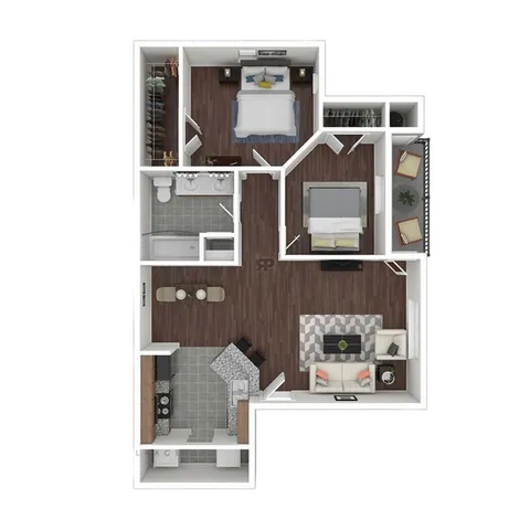 Modern 2D floor plan showcasing 2 bedrooms, a stylish open-concept living area, and a chic kitchen with an island.