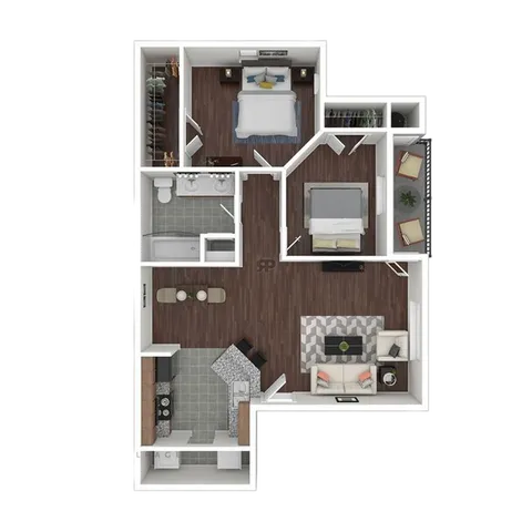 Chic apartment floor plan highlighting 2 bedrooms, modern kitchen, cozy living room, and spacious bathroom.