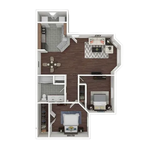 Modern 2D floor plan showcasing 2 bedrooms, open living space, elegant dining area, and contemporary kitchen layout.