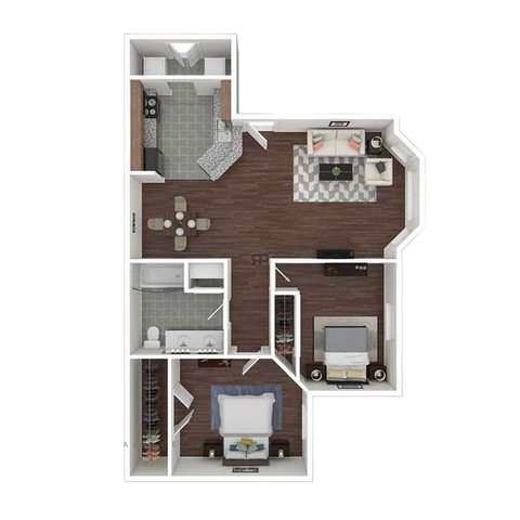 Contemporary 3D floor plan showcasing a cozy 1-bedroom apartment with an open-concept living space, modern kitchen, and elegant bathroom layout.