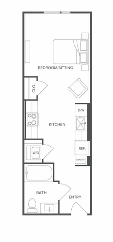 Modern studio apartment floor plan showcasing a combined bedroom and sitting area, efficient kitchen, and stylish bath layout.