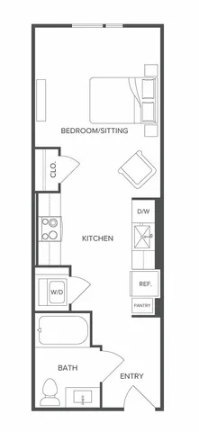 Elegant studio floor plan featuring an open-concept bedroom and sitting area, modern kitchen with pantry, cozy bath, and convenient entry layout.