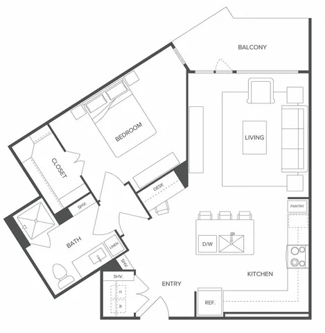 Modern one-bedroom floor plan featuring an open-concept living area, stylish kitchen with island, and a private balcony.