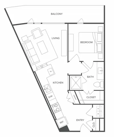Contemporary floor plan showcasing a cozy bedroom, spacious living area, modern kitchen, and private balcony for perfect urban living.