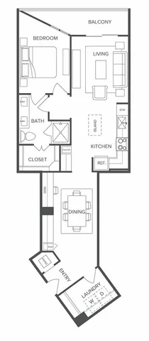 Elegant floor plan showcasing a modern one-bedroom apartment with a sleek kitchen, open living area, spacious dining room, and a charming balcony.