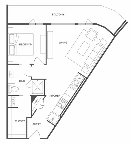 Modern floor plan featuring 1 bedroom, sleek kitchen, inviting living area, and private balcony access.