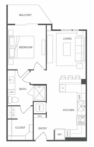 Modern floor plan highlighting 1 bedroom, open living and kitchen areas, and private balcony access.