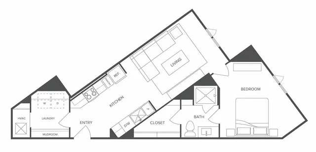 Modern floor plan featuring an angled 1-bedroom layout, spacious living area, sleek kitchen, and convenient laundry space.