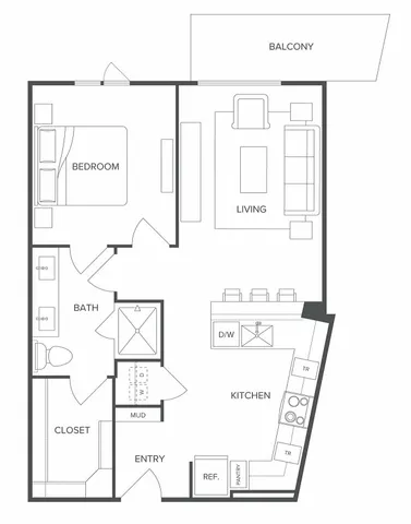 Modern floor plan showcasing a cozy one-bedroom apartment with a stylish kitchen, living area, and private balcony.