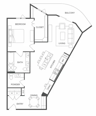 Modern floor plan with one bedroom, open living area, spacious balcony, and stylish kitchen.