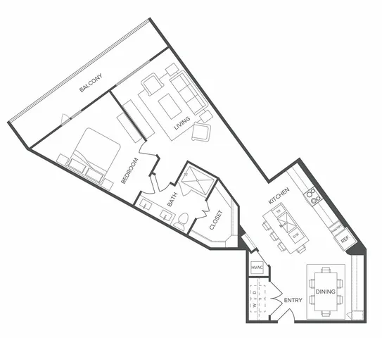 Contemporary floor plan showcasing 1 bedroom, expansive living room, modern kitchen, and a private balcony.