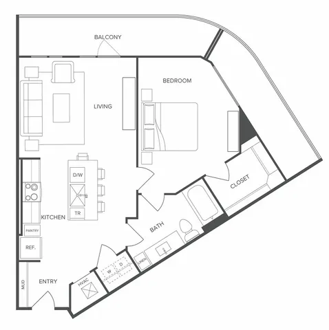 Modern 1-bedroom floor plan with an open living area, sleek kitchen, and balcony access.