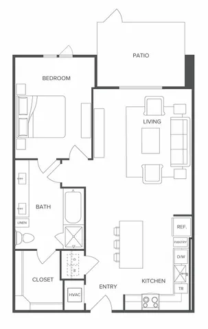 Modern floor plan showcasing an elegant 1-bedroom apartment with a spacious living area, open kitchen, and private patio.