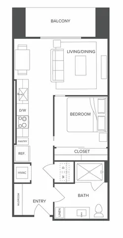 Modern floor plan showcasing one-bedroom design with spacious living and dining area, private balcony, and contemporary kitchen.
