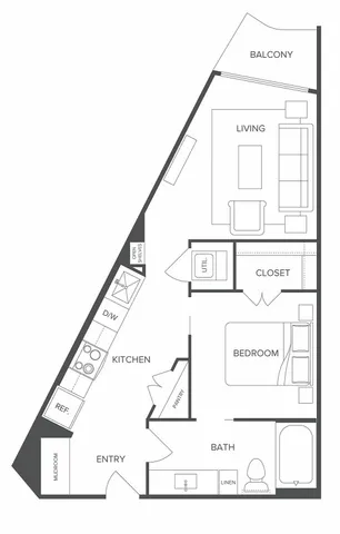 Modern floor plan showcasing a sleek one-bedroom apartment with open-concept living area, cozy kitchen, and private balcony.
