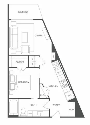 Modern floor plan featuring one-bedroom, open living area, sleek kitchen, and private balcony.