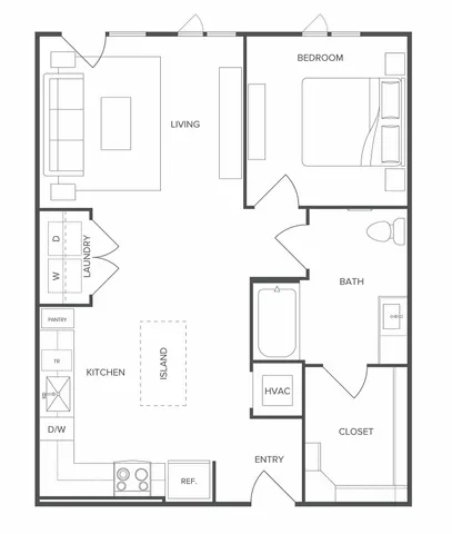 Modern floor plan featuring 1 bedroom, an inviting open-concept living area, fully-equipped kitchen with an island, and a convenient in-unit laundry.