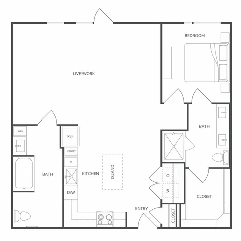 Modern 1-bedroom apartment floor plan featuring a spacious live/work area, gourmet kitchen with island, and two elegant bathrooms.