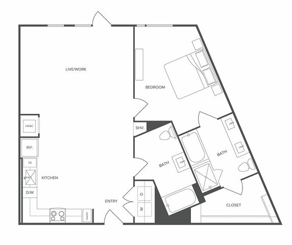 Modern floor plan featuring a unique layout with one bedroom, two baths, a spacious live/work area, and a functional kitchen.