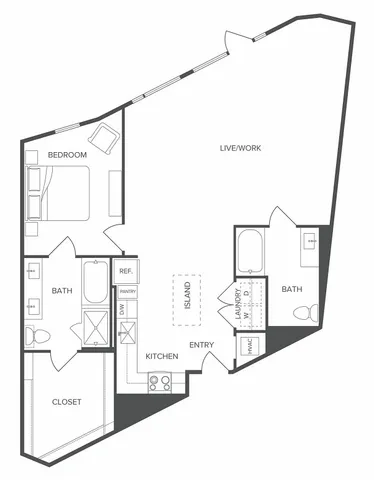 Modern floor plan showcasing one bedroom with an ensuite bath, open live/work space, stylish kitchen with island, and additional bath, ideal for versatile living.