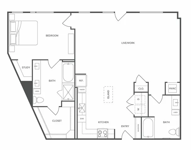 Modern floor plan showcasing a spacious live/work area, cozy bedroom with study, two bathrooms, and a sleek kitchen with island.