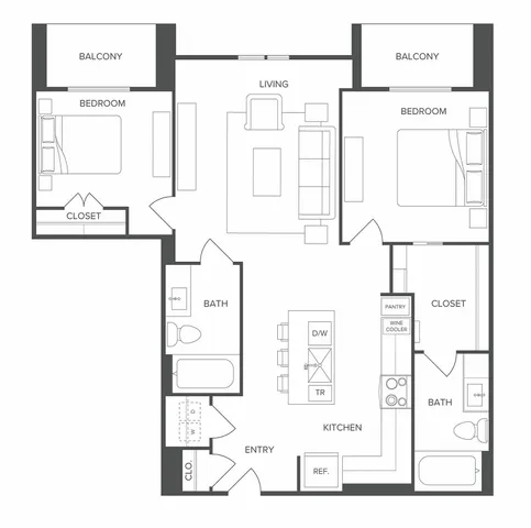 Chic floor plan showcasing two bedrooms with balconies, two elegant baths, an open kitchen with island, and a stylish living space.