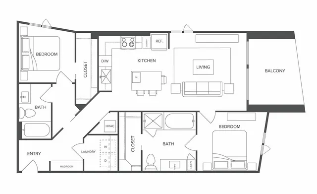 Modern floor plan featuring 2 elegant bedrooms, sleek kitchen, cozy living area, and private balcony.