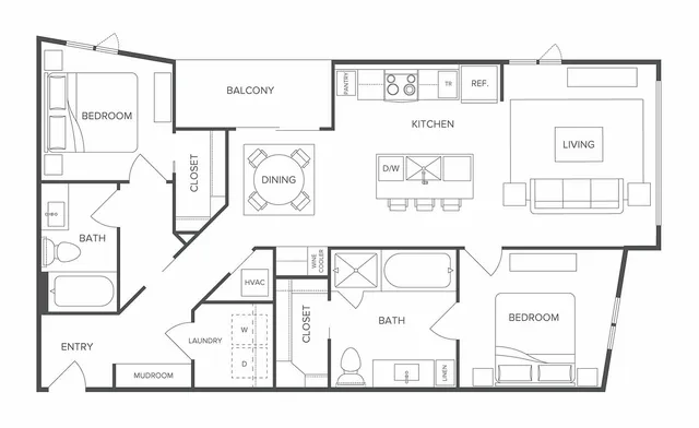 Elegant floor plan featuring 2 bedrooms, 2 bathrooms, a modern kitchen, spacious living area, and a private balcony.