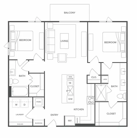 Modern 2D floor plan showcasing 2 bedrooms, open living area, and a spacious kitchen with island, featuring 2 bathrooms and a balcony.