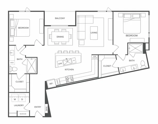 Modern floor plan featuring 2 bedrooms, a spacious living area, an open kitchen with island, and a private balcony.