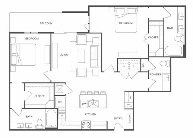 Modern apartment floor plan showcasing 2 bedrooms, open living area, and sleek kitchen with balcony access.