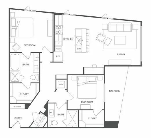 Elegant floor plan featuring 2 cozy bedrooms, spacious open-concept living area, modern kitchen, 2 luxurious baths, balcony, and ample closets.