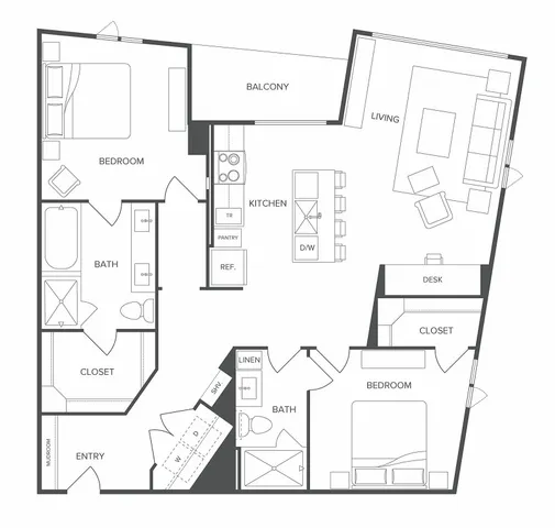 Modern 2-bedroom floor plan featuring an open-concept kitchen, spacious living area, and cozy balcony.