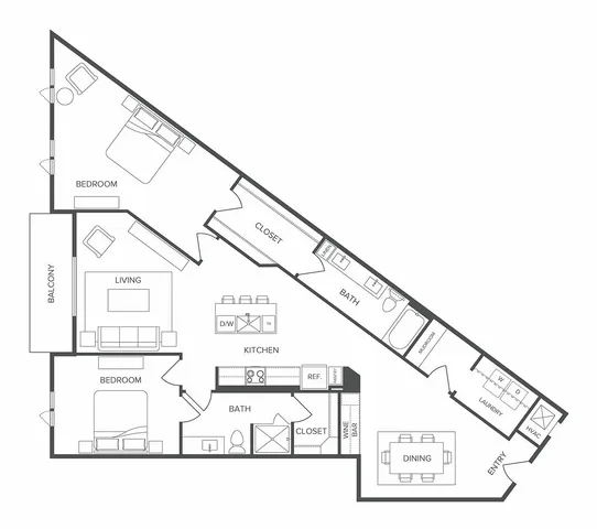 Modern floor plan showcasing two spacious bedrooms, a bright living room with balcony access, sleek kitchen, and two elegant bathrooms.