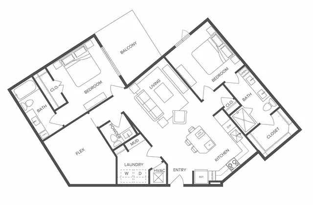 Contemporary 2D floor plan showcasing 2 bedrooms, 2 bathrooms, an open living and dining area, a modern kitchen, and a cozy balcony.