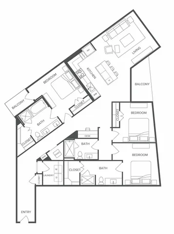 Modern floor plan showcasing 3 bedrooms, 2 bathrooms, a spacious living area, and dual balconies for a luxurious lifestyle.