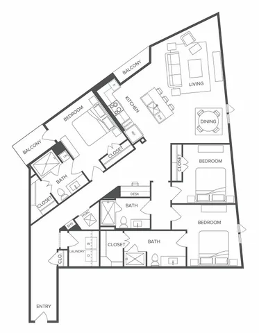Modern angular floor plan showcasing 3 bedrooms, spacious living and dining area, two balconies, and a well-equipped kitchen.