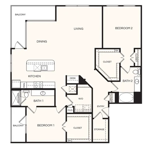 Modern floor plan showcasing 2 bedrooms, open living and dining area, kitchen with island, and dual balconies.