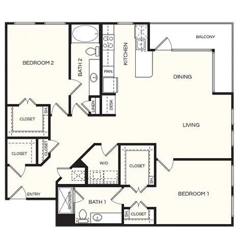 Modern apartment floor plan showcasing 2 bedrooms, open-concept living and dining area, spacious kitchen, and a private balcony.