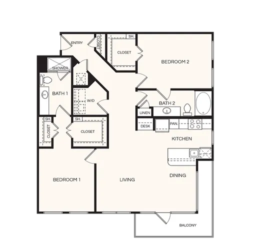 Modern floor plan showcasing 2 bedrooms, 2 bathrooms, spacious living area, and kitchen with dining space, complete with a balcony.