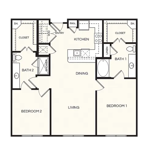 Modern 2D floor plan featuring 2 spacious bedrooms, sleek kitchen, and elegant living area, with 2 well-appointed bathrooms for convenient living.