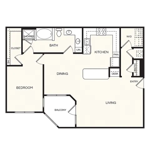 Modern floor plan featuring a spacious 1-bedroom layout with open kitchen, dining area, and bright living room leading to a balcony.