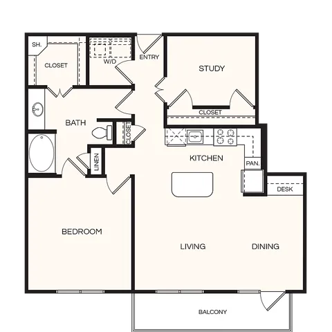 Modern apartment floor plan featuring one bedroom, a study, spacious kitchen, open living and dining areas, and a balcony. Ideal layout with convenient closets and bathroom design.